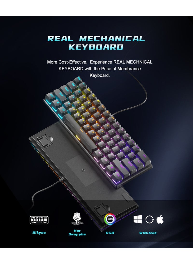 61-Key Mechanical Keyboard - Red Switch - Wired Keyboard - RGB Lighting Effect - Gaming Keyboard - Office Keyboard - Computer Keyboard - Supports Windows and Mac