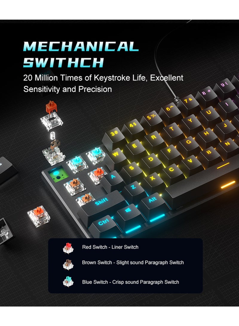 61-Key Mechanical Keyboard - Red Switch - Wired Keyboard - RGB Lighting Effect - Gaming Keyboard - Office Keyboard - Computer Keyboard - Supports Windows and Mac