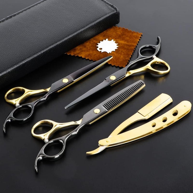 Professional Black Gold Hairdressing Scissors Stainless Steel Barber Hair Cutting Scissors Set Salon Multifunctional Straight Shears Teeth Thinning Shears Home Use