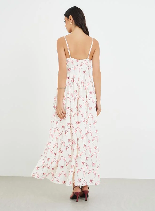 Styli Floral Print Pleated Strappy A-Line Maxi Dress