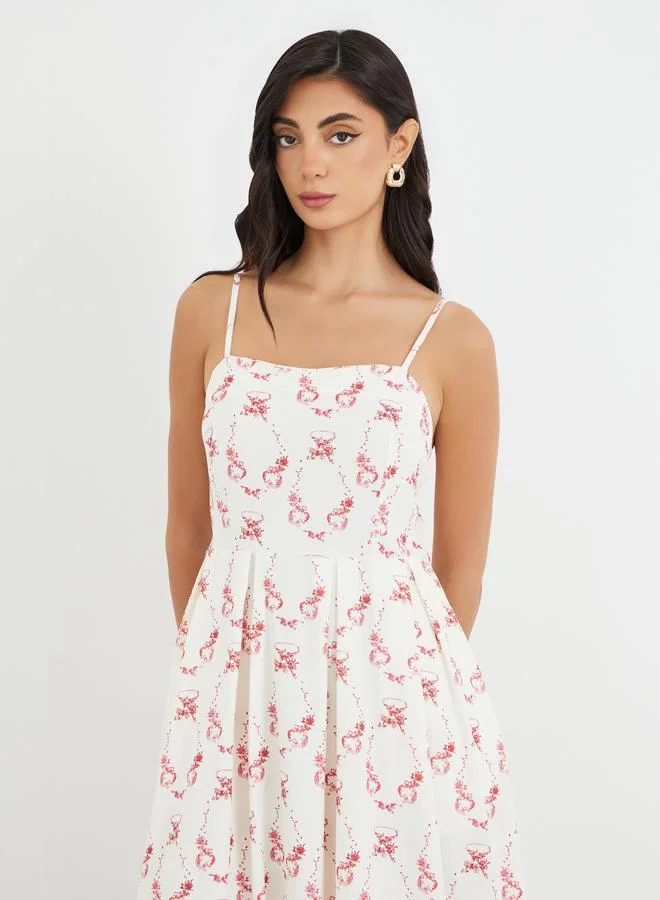 Styli Floral Print Pleated Strappy A-Line Maxi Dress