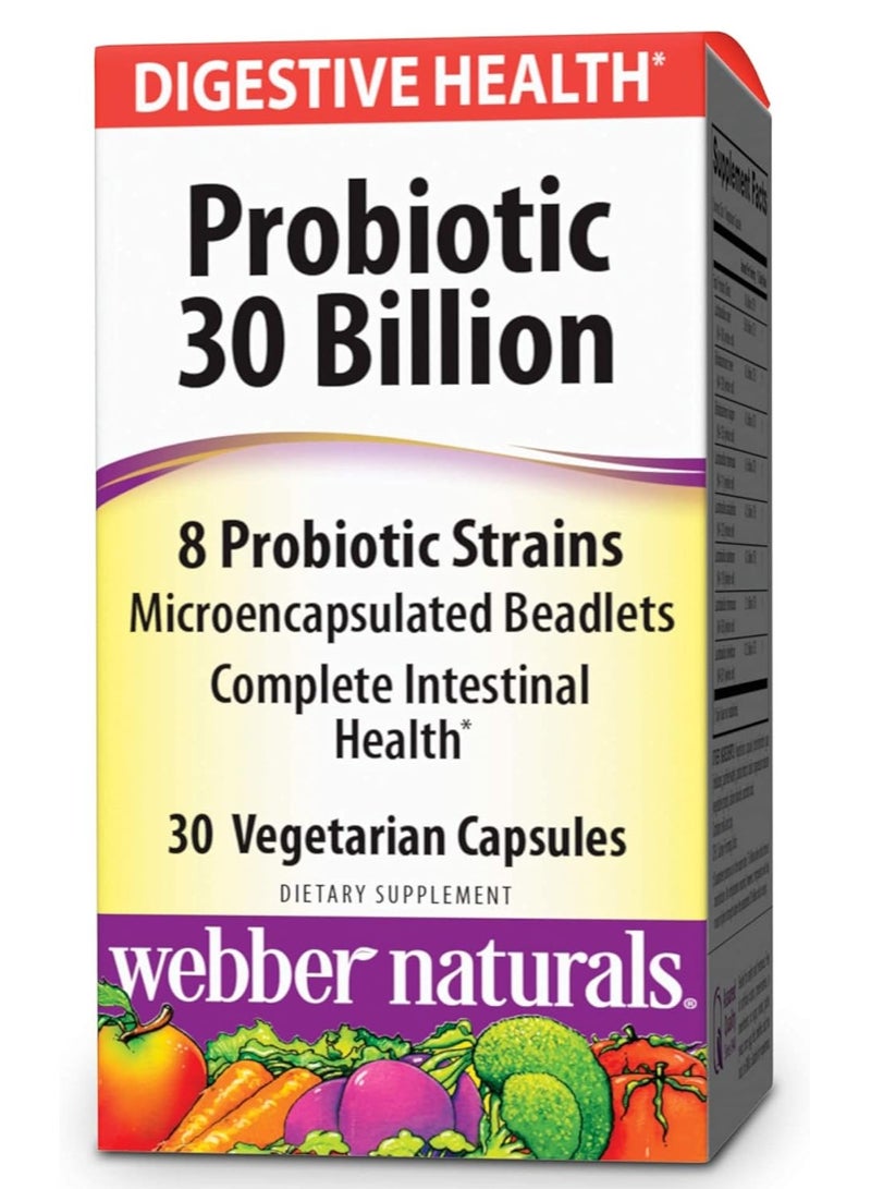 Webber naturals Digestive Health Probiotic 30 Billion, 8 Probiotic Strains, 30 Vegetarian Capsules - Image 1
