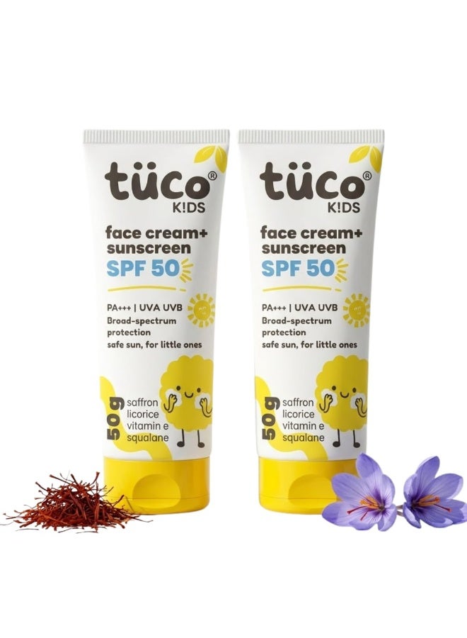 TuCo® Kids 2 In 1 Face Cream + Sunscreen For All Skin Type SPF 50 With Saffron Oil | UVA/UVB PA++++ | Broad Spectrum | Benzophenone- 3 And Avobenzone Free | Ages 2-5, 5-10, 10-15 | 50Gm-Pack Of 2 - Image 1