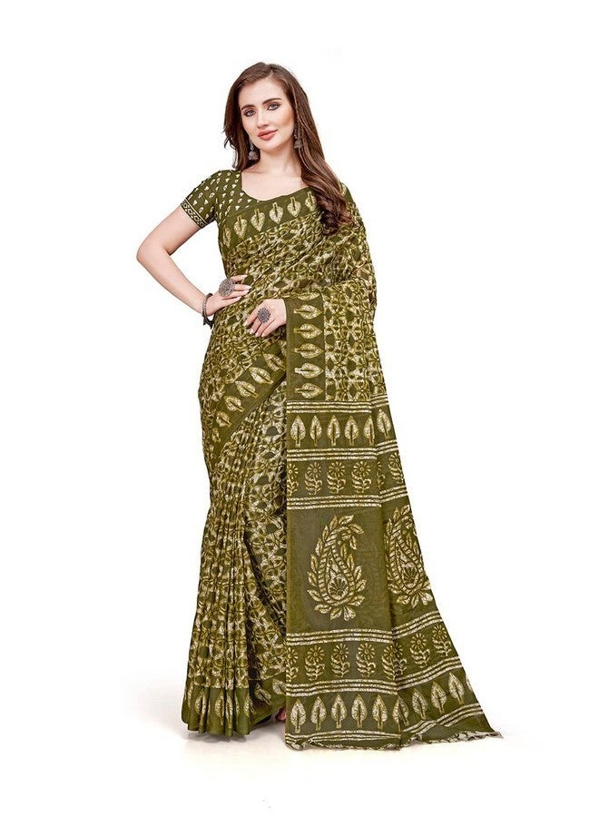 RATAN Pure Cotton Printed Mulmul Saree for Women with Blouse Piece (GDBT-BP-1042-MHD) - Image 1