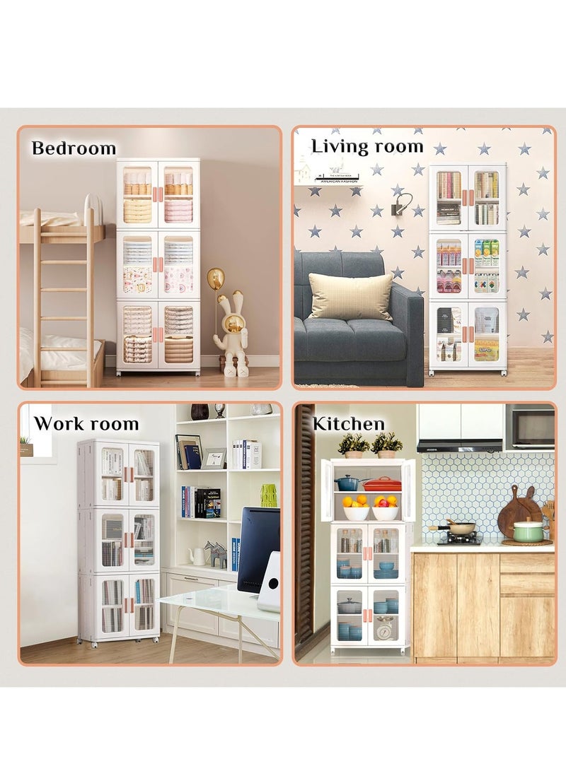Storage Bins with Lids and Doors Storage Cabinet with Wheels Plastic Stackable Pantry Cabinet Cupboard Closet Foldable Kitchen Collapsible Storage Bins for Book Snack and Bathroom Organizer - Image 5