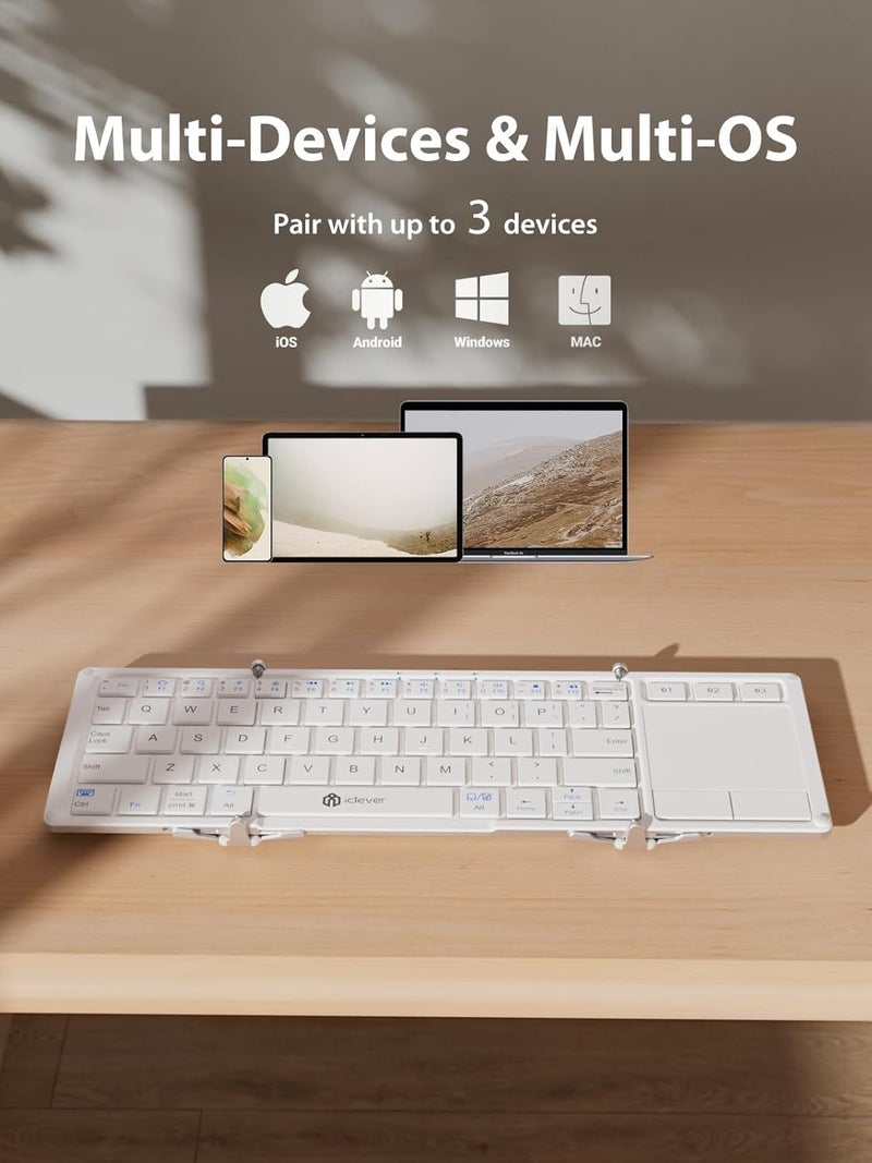 iClever Bluetooth Keyboard with Touchpad, Foldable Keyboard, Metal Body, Gesture Support, USB-C Charge, Pocket-Size Wireless for Travel, iPad, iPhone, Android, Windows, Silver White - Image 2