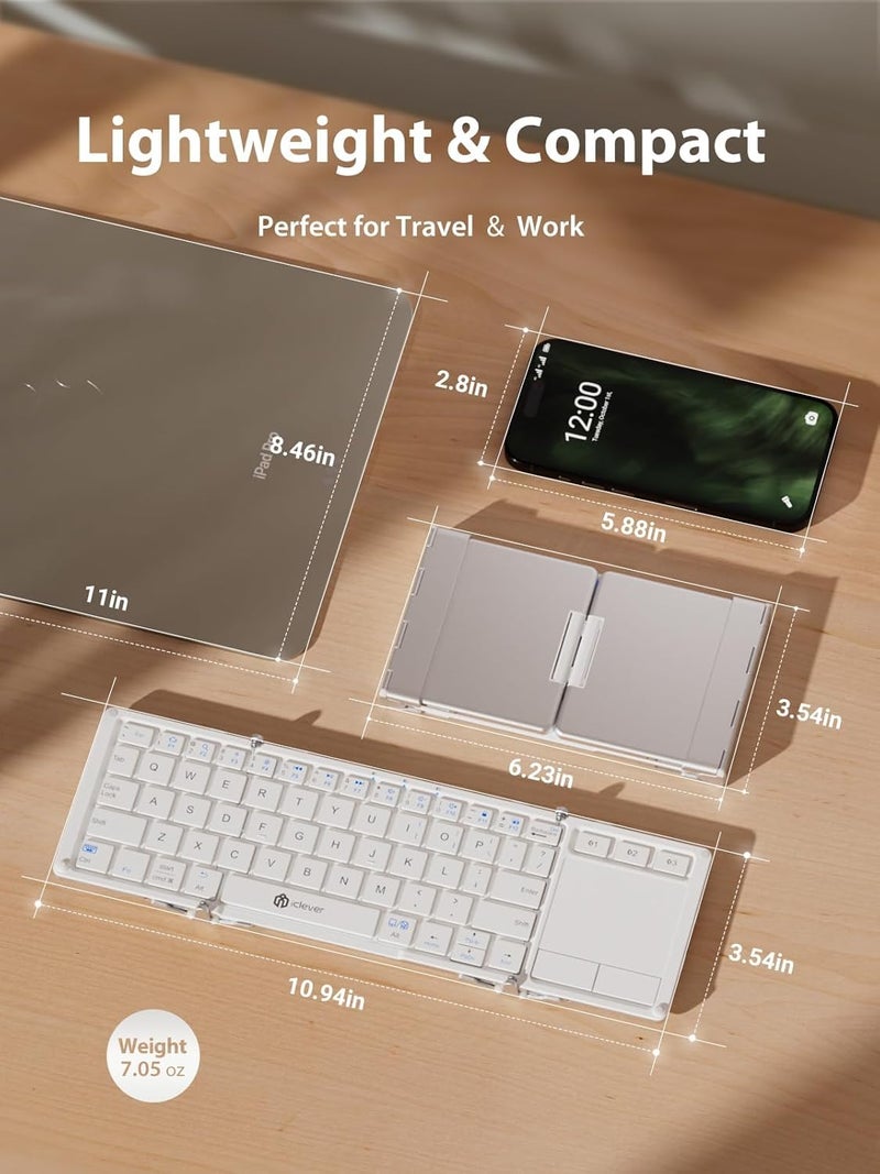 iClever Bluetooth Keyboard with Touchpad, Foldable Keyboard, Metal Body, Gesture Support, USB-C Charge, Pocket-Size Wireless for Travel, iPad, iPhone, Android, Windows, Silver White - Image 5