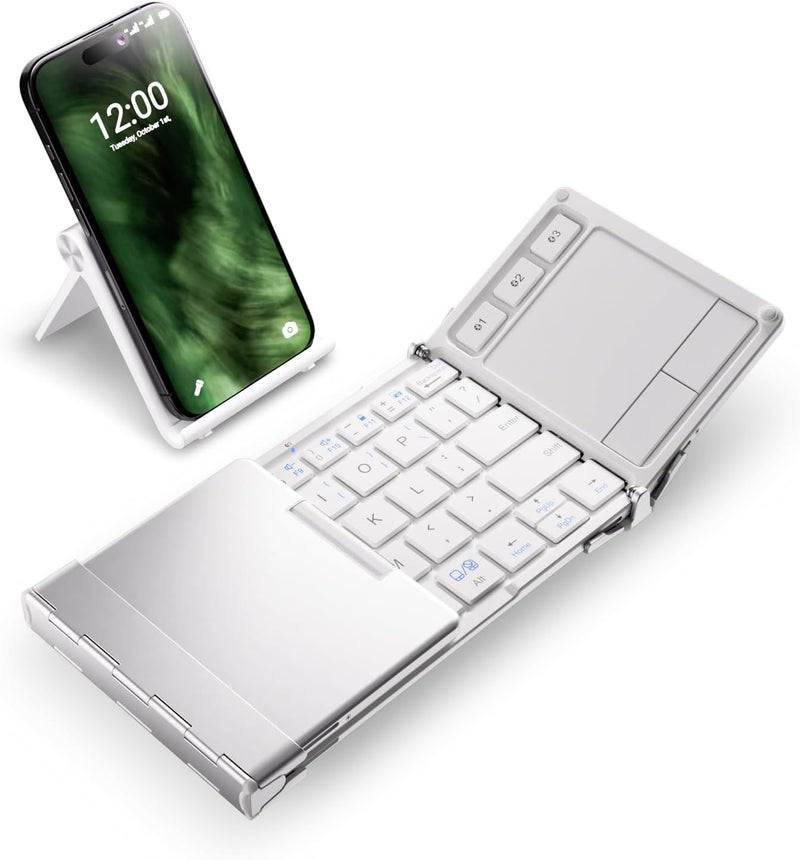 iClever Bluetooth Keyboard with Touchpad, Foldable Keyboard, Metal Body, Gesture Support, USB-C Charge, Pocket-Size Wireless for Travel, iPad, iPhone, Android, Windows, Silver White - Image 1