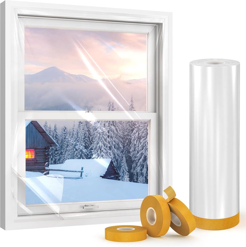 AGHITG طقم عزل النوافذ، 63 إنش × 33 قدم من البلاستيك لعزل الشتاء، شريط لاصق مزدوج الجوانب لعزل النوافذ في الشتاء، بلاستيك مانع للتسرب للنوافذ 10-3'x5' - Image 1