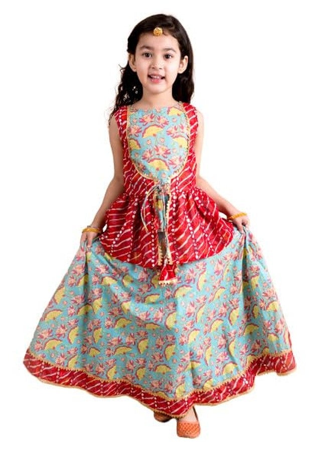 Pspeaches Girl's Green White Printed Sequinned Cotton Readymade Lehenga And Choli Set (Green-5-6Y) - Image 1