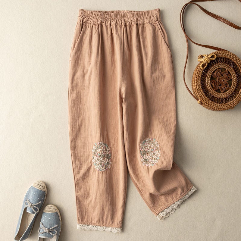 Cotton Linen Lantern Pants Lace Patchwork Embroidered Casual Capris for Women J338 khaki  - Image 5
