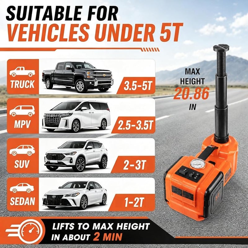 E-HEELP Electric Car Jack Kit 5Ton 12V Hydraulic Car Jack Lift (Lifting Range: 6.1~20.86 inch) with Electric Impact Wrench for SUV MPV Sedan Truck Change Tires Garage Repair - Image 2