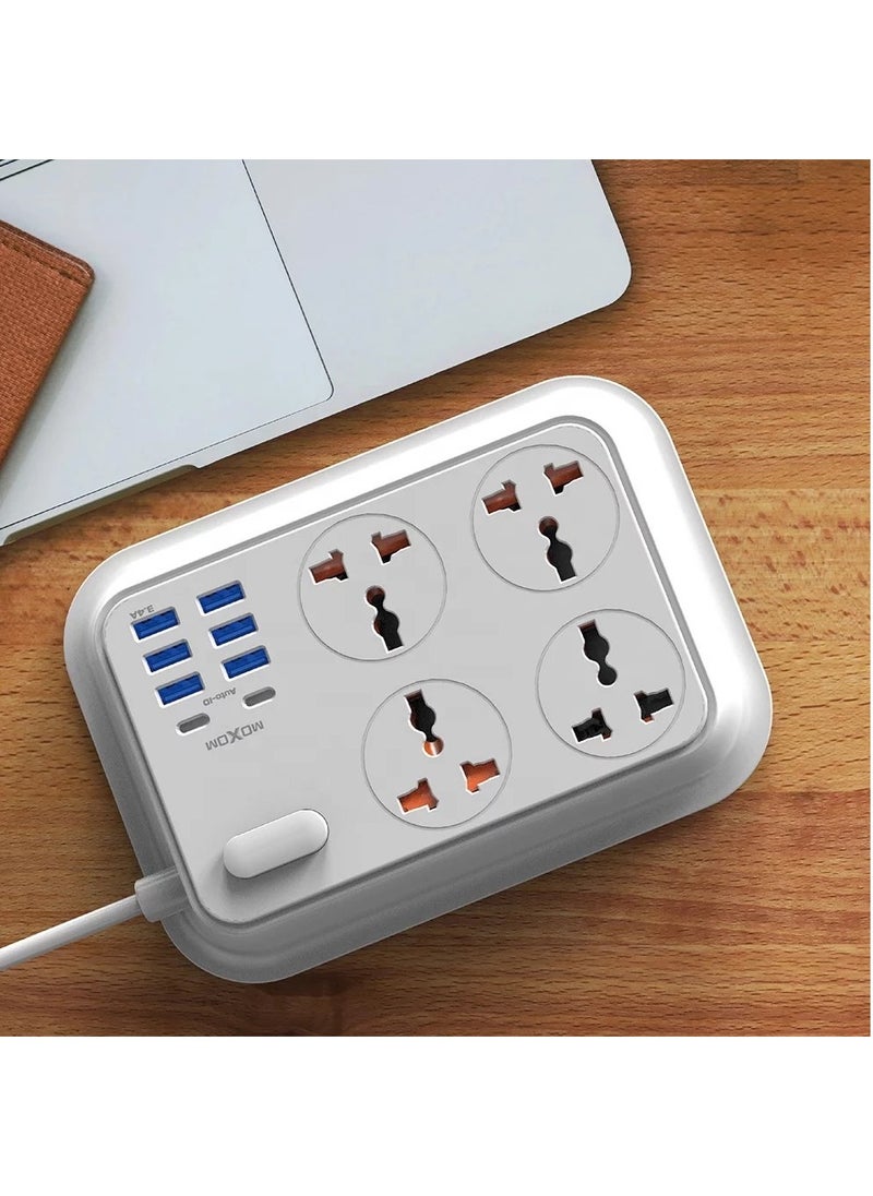 MOXOM Power Strip Power Extension Bar with 4 Anti Static Sockets, 6 USB, 2 Type C Ports, 2 Meter Length, White MX-ST06  - Image 1