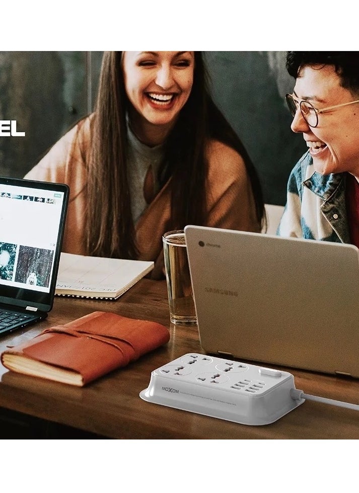 MOXOM Power Strip Power Extension Bar with 4 Anti Static Sockets, 6 USB, 2 Type C Ports, 2 Meter Length, White MX-ST06  - Image 3