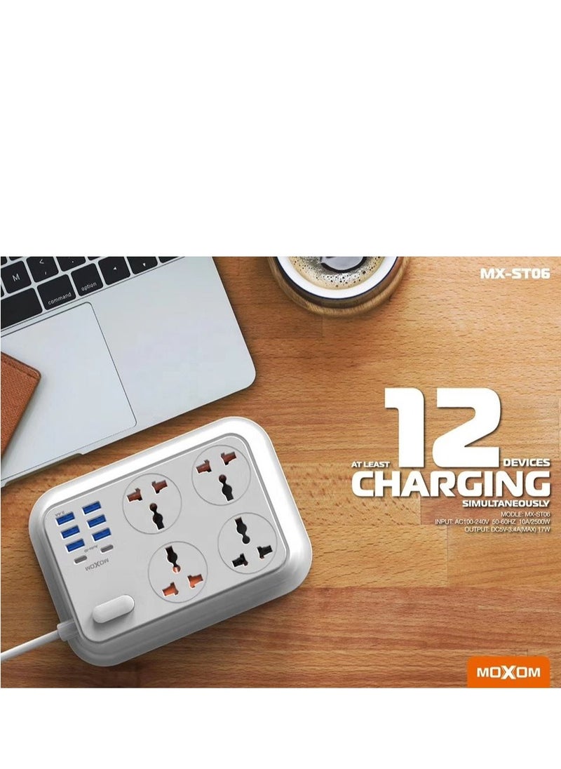 MOXOM Power Strip Power Extension Bar with 4 Anti Static Sockets, 6 USB, 2 Type C Ports, 2 Meter Length, White MX-ST06  - Image 4