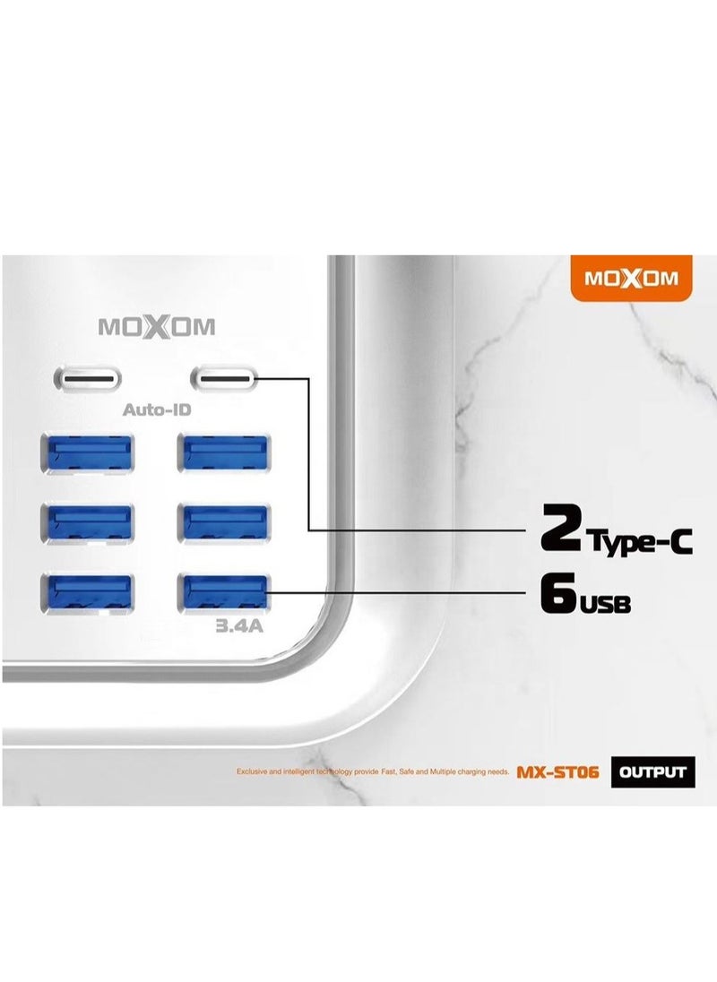 MOXOM Power Strip Power Extension Bar with 4 Anti Static Sockets, 6 USB, 2 Type C Ports, 2 Meter Length, White MX-ST06  - Image 5