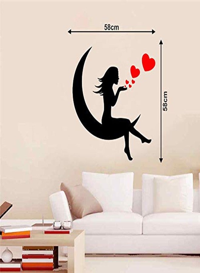 كيه سي ملصقات جدارية سوداء مزخرفة من kc بتصميم قمر وفتاة وقلب مجرد لتزيين المنزل (ملصق فينيل PVC يغطي مساحة 58 سم × 58 سم) - Image 2
