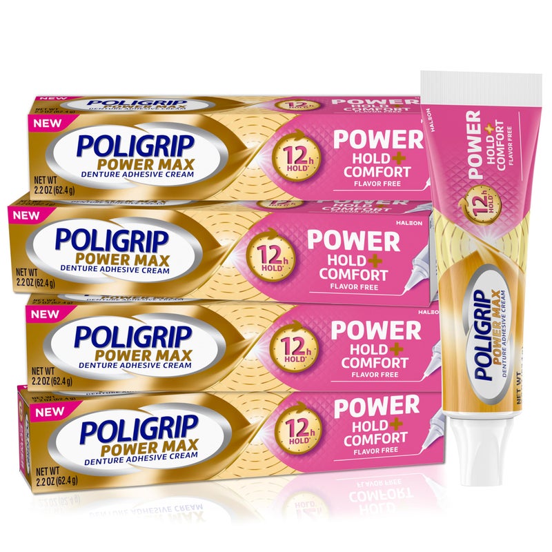 Poligrip Denture Adhesive, Power Max Hold Plus Comfort Denture Adhesive Cream, 2.2 Ounces (Pack of 4) - Image 1
