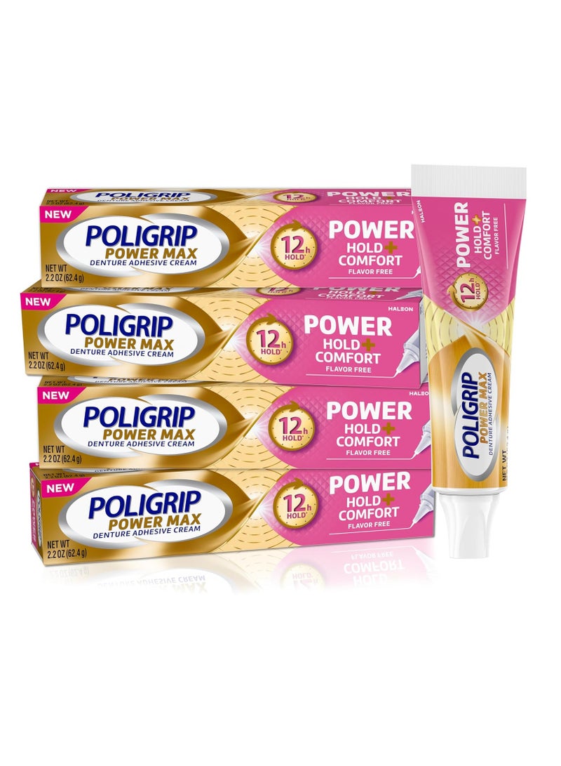 Poligrip Poligrip Denture Adhesive, Power Max Hold Plus Comfort Denture Adhesive Cream, 2.2 Ounces (Pack of 4)  - Image 1