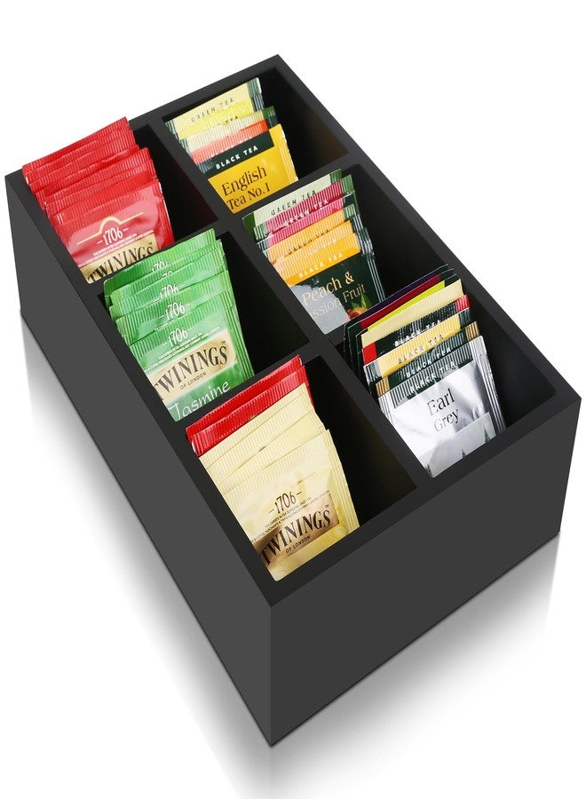 Hymoconn Tea Bag Box Wooden Black, 6 Compartments Wood Drawer Storage Organizer, Large Capacity Holder For Coffee Station, Sugar Packet, Sweeteners, Beverage Supplies - Image 1
