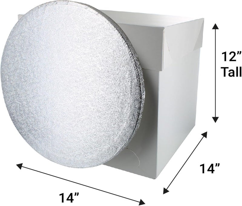 Culpitt 14" Round Silver Cake Drum Board & Tall White Cake Box Combo, 14 x 14 x 12 Inch Square Box and Matching Cake Circle Set For Tiered or Decorated Cake Transport - Image 5