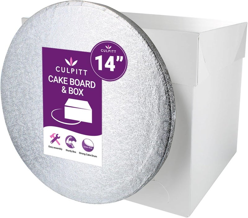 Culpitt 14" Round Silver Cake Drum Board & Tall White Cake Box Combo, 14 x 14 x 12 Inch Square Box and Matching Cake Circle Set For Tiered or Decorated Cake Transport - Image 1
