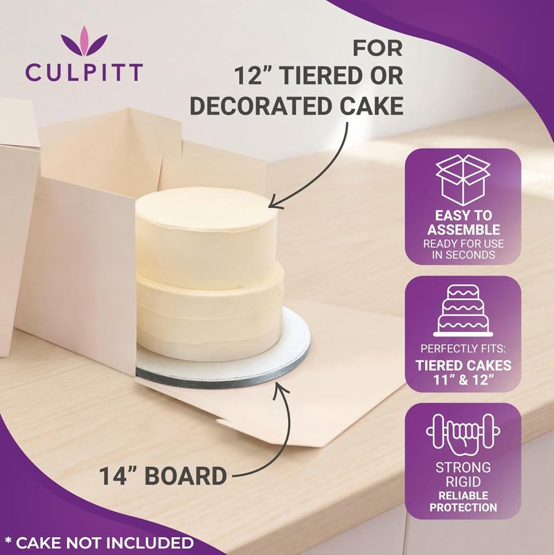 Culpitt 14" Round Silver Cake Drum Board & Tall White Cake Box Combo, 14 x 14 x 12 Inch Square Box and Matching Cake Circle Set For Tiered or Decorated Cake Transport - Image 3