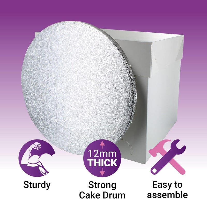 Culpitt 14" Round Silver Cake Drum Board & Tall White Cake Box Combo, 14 x 14 x 12 Inch Square Box and Matching Cake Circle Set For Tiered or Decorated Cake Transport - Image 2