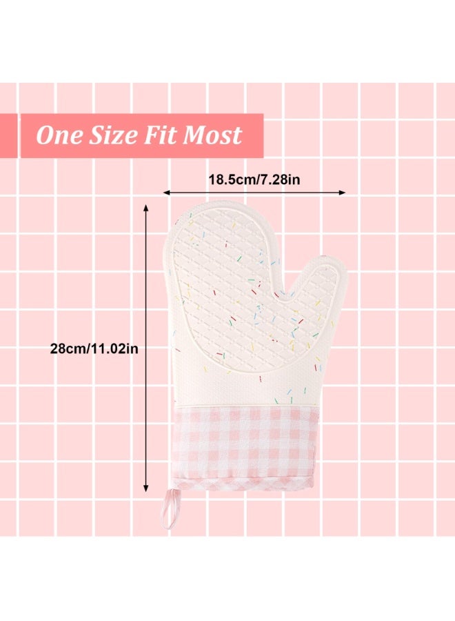 فاصولا قفازات فرن، طقم 2 قطعة مساكات مطبخ، قفازات سيليكون مقاومة للحرارة ومبطنة بالقطن، قفازات طبخ طويلة مانعة للانزلاق للخبز والشواء والميكرويف، مستلزمات منزلية للطهاة (كاروهات وردي) - Image 2