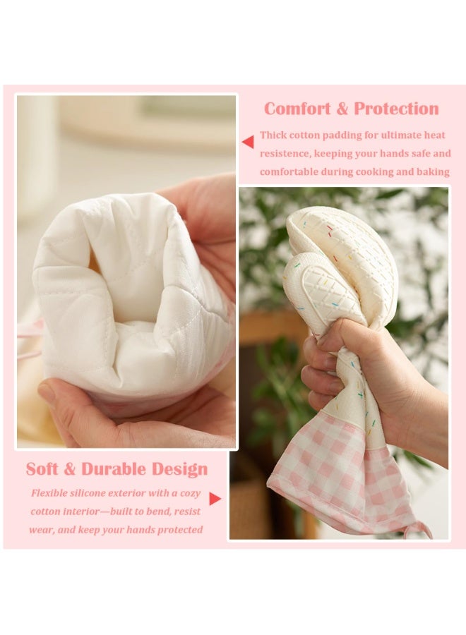 فاصولا قفازات فرن، طقم 2 قطعة مساكات مطبخ، قفازات سيليكون مقاومة للحرارة ومبطنة بالقطن، قفازات طبخ طويلة مانعة للانزلاق للخبز والشواء والميكرويف، مستلزمات منزلية للطهاة (كاروهات وردي) - Image 3