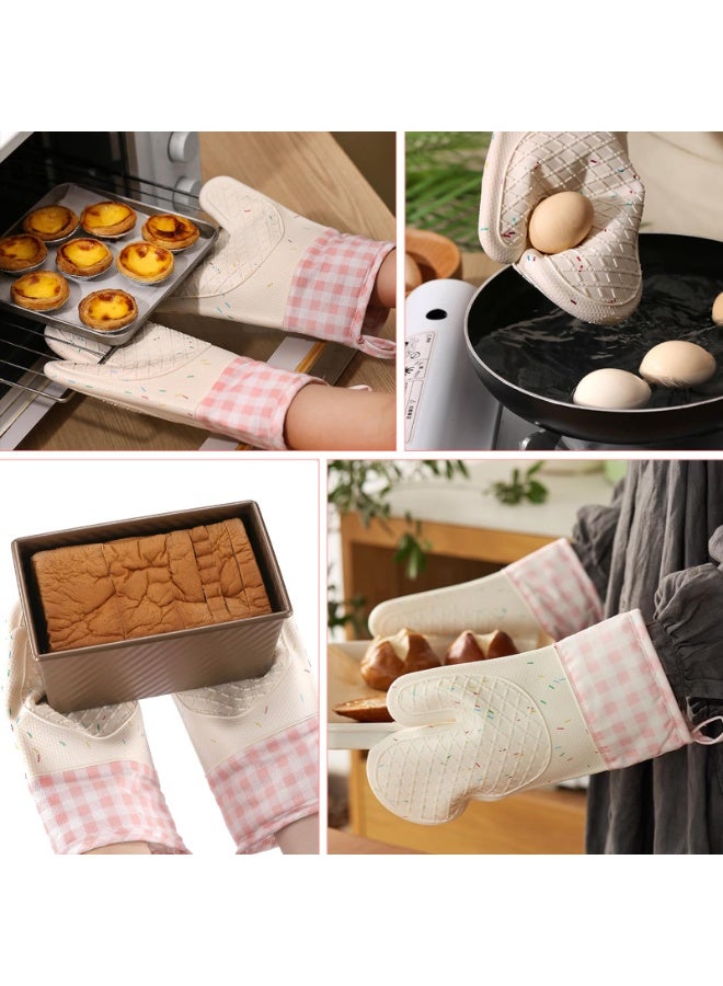 فاصولا قفازات فرن، طقم 2 قطعة مساكات مطبخ، قفازات سيليكون مقاومة للحرارة ومبطنة بالقطن، قفازات طبخ طويلة مانعة للانزلاق للخبز والشواء والميكرويف، مستلزمات منزلية للطهاة (كاروهات وردي) - Image 5