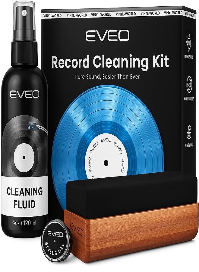 EVEO Vinyl Record Cleaning Kit - 4in1 Vinyl Record Cleaner Kit for Vinyl Records Albums. Vinyl Cleaner Includes XL Record Brush, Cleaning Liquid (4oz), Duster & Stylus Cleaning Gel - Archival Standard - Image 1
