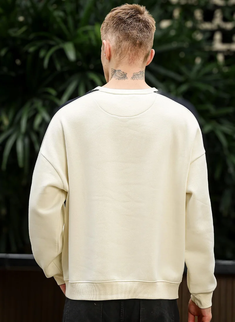 Maniac Maniac Mens Color Block Round Neck Full Sleeve Cream and Black Cotton Fleece Sweatshirt
