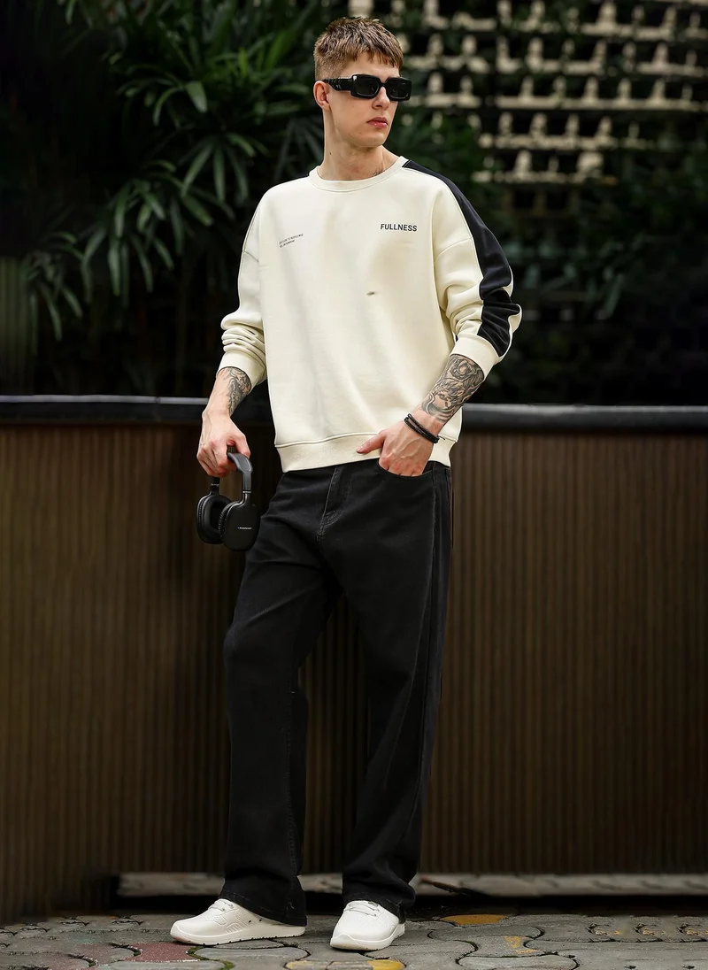 Maniac Maniac Mens Color Block Round Neck Full Sleeve Cream and Black Cotton Fleece Sweatshirt
