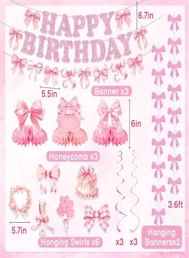 Bolake Pink Bow Birthday Party Decorations Girl Bow Themed Party Decor Include Happy Birthday Banner Hanging Swirls Table Honeycomb Centerpieces Hanging Banners for Girls Baby Shower Birthday Party Decor - Image 2