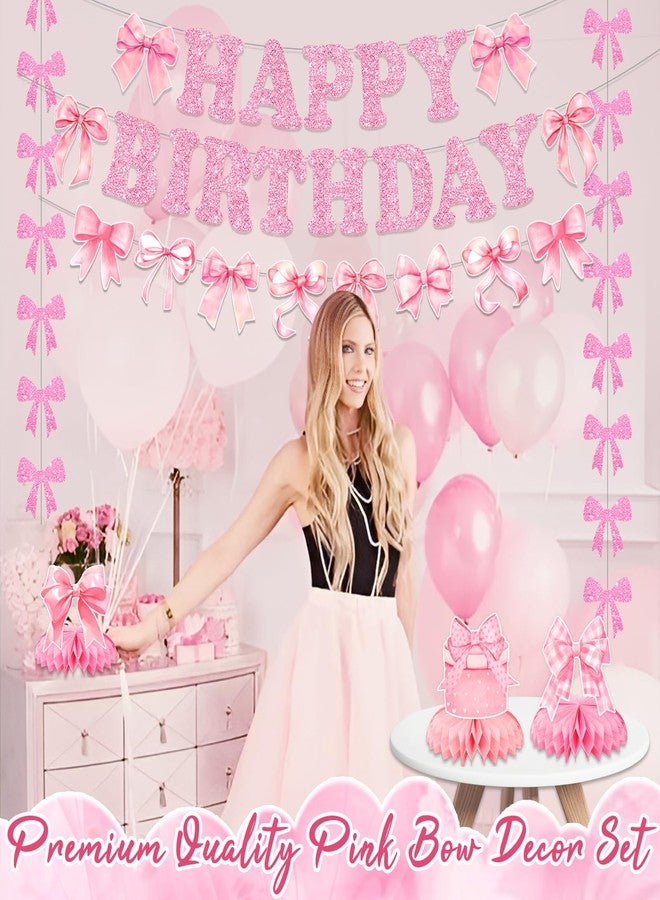 Bolake Pink Bow Birthday Party Decorations Girl Bow Themed Party Decor Include Happy Birthday Banner Hanging Swirls Table Honeycomb Centerpieces Hanging Banners for Girls Baby Shower Birthday Party Decor - Image 5