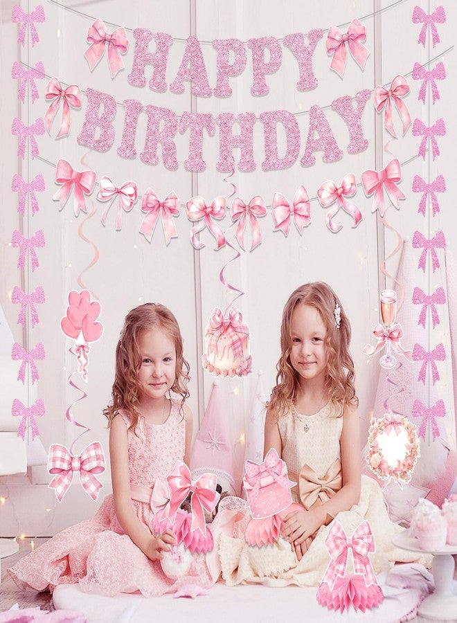 Bolake Pink Bow Birthday Party Decorations Girl Bow Themed Party Decor Include Happy Birthday Banner Hanging Swirls Table Honeycomb Centerpieces Hanging Banners for Girls Baby Shower Birthday Party Decor - Image 4
