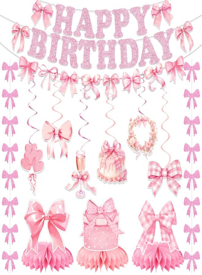 Bolake Pink Bow Birthday Party Decorations Girl Bow Themed Party Decor Include Happy Birthday Banner Hanging Swirls Table Honeycomb Centerpieces Hanging Banners for Girls Baby Shower Birthday Party Decor - Image 1