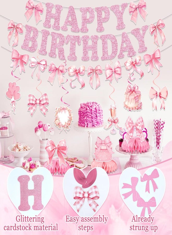 Bolake Pink Bow Birthday Party Decorations Girl Bow Themed Party Decor Include Happy Birthday Banner Hanging Swirls Table Honeycomb Centerpieces Hanging Banners for Girls Baby Shower Birthday Party Decor - Image 3