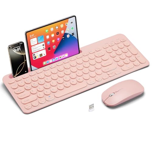 Guiheng Wireless Keyboard and Mouse Combo with Phone Tablet Holder, Rechargeable Dual-Mode (Bluetooth 5.0 and 3.0 +2.4G) Multi-Device Silent Mouse for Windows, iPad, Tablet, MacOS,iOS,Android (Pink) - Image 1