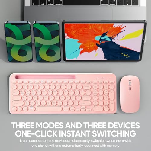 Guiheng Wireless Keyboard and Mouse Combo with Phone Tablet Holder, Rechargeable Dual-Mode (Bluetooth 5.0 and 3.0 +2.4G) Multi-Device Silent Mouse for Windows, iPad, Tablet, MacOS,iOS,Android (Pink) - Image 5