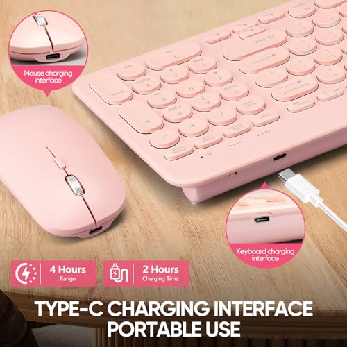 Guiheng Wireless Keyboard and Mouse Combo with Phone Tablet Holder, Rechargeable Dual-Mode (Bluetooth 5.0 and 3.0 +2.4G) Multi-Device Silent Mouse for Windows, iPad, Tablet, MacOS,iOS,Android (Pink) - Image 4