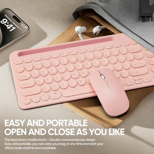 Guiheng Wireless Keyboard and Mouse Combo with Phone Tablet Holder, Rechargeable Dual-Mode (Bluetooth 5.0 and 3.0 +2.4G) Multi-Device Silent Mouse for Windows, iPad, Tablet, MacOS,iOS,Android (Pink) - Image 3