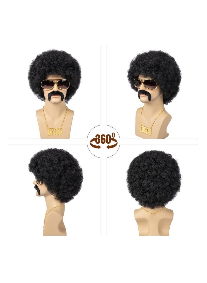 Men's 4-Piece 70s Disco Costume Wig Set - Natural Fluffy Short Black Curly Synthetic Hair for Cosplay and Party Events - Image 2
