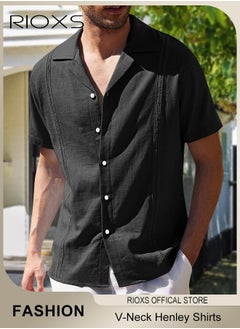 RIOXS Men's Shirts, Button-Up Short Sleeve Top, Solid Color V-Neck Henley Shirts, Summer Loose Casual Beach Shirts For Men, Comfy Tops For Hawaiian Office Or Daily Wear  - Image 2