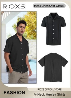 RIOXS Men's Shirts, Button-Up Short Sleeve Top, Solid Color V-Neck Henley Shirts, Summer Loose Casual Beach Shirts For Men, Comfy Tops For Hawaiian Office Or Daily Wear  - Image 3