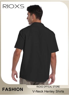 RIOXS Men's Shirts, Button-Up Short Sleeve Top, Solid Color V-Neck Henley Shirts, Summer Loose Casual Beach Shirts For Men, Comfy Tops For Hawaiian Office Or Daily Wear  - Image 4