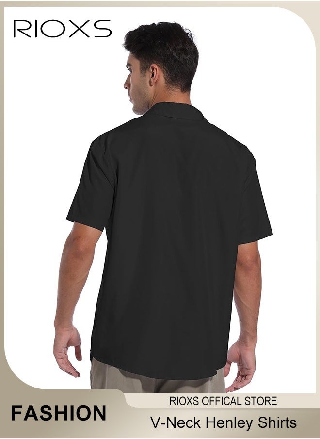 RIOXS Men's Shirts, Button-Up Short Sleeve Top, Solid Color V-Neck Henley Shirts, Summer Loose Casual Beach Shirts For Men, Comfy Tops For Hawaiian Office Or Daily Wear  - Image 4