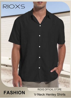 RIOXS Men's Shirts, Button-Up Short Sleeve Top, Solid Color V-Neck Henley Shirts, Summer Loose Casual Beach Shirts For Men, Comfy Tops For Hawaiian Office Or Daily Wear  - Image 1