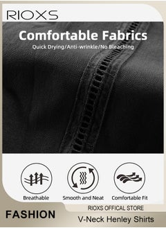 RIOXS Men's Shirts, Button-Up Short Sleeve Top, Solid Color V-Neck Henley Shirts, Summer Loose Casual Beach Shirts For Men, Comfy Tops For Hawaiian Office Or Daily Wear  - Image 5